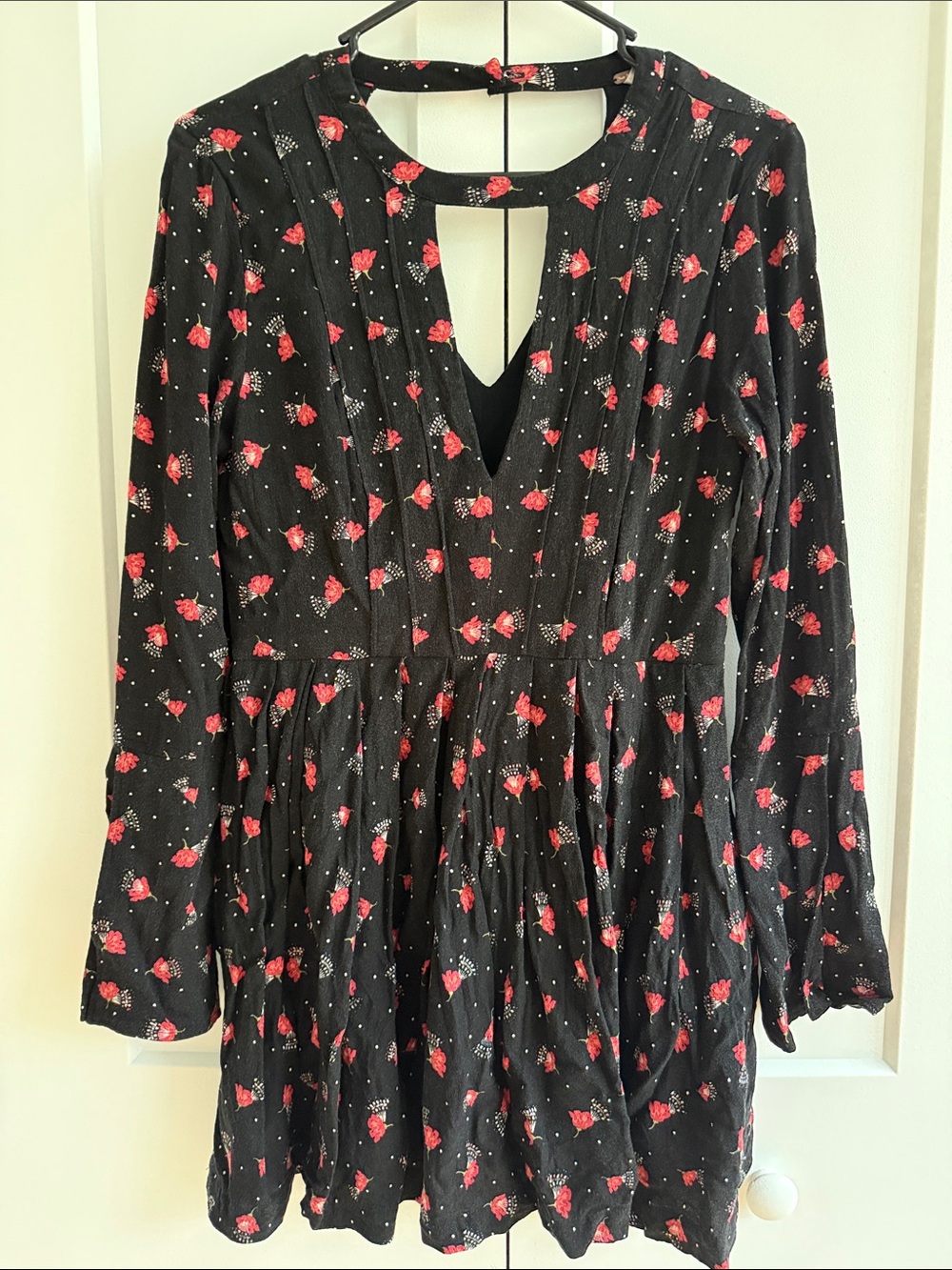 Free People Black Floral Keyhole Long Sleeve Dress with Red Roses